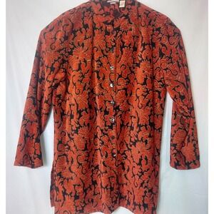 Chicos Design Women's Orange Black Floral Brocade Blazer Jacket Size 2